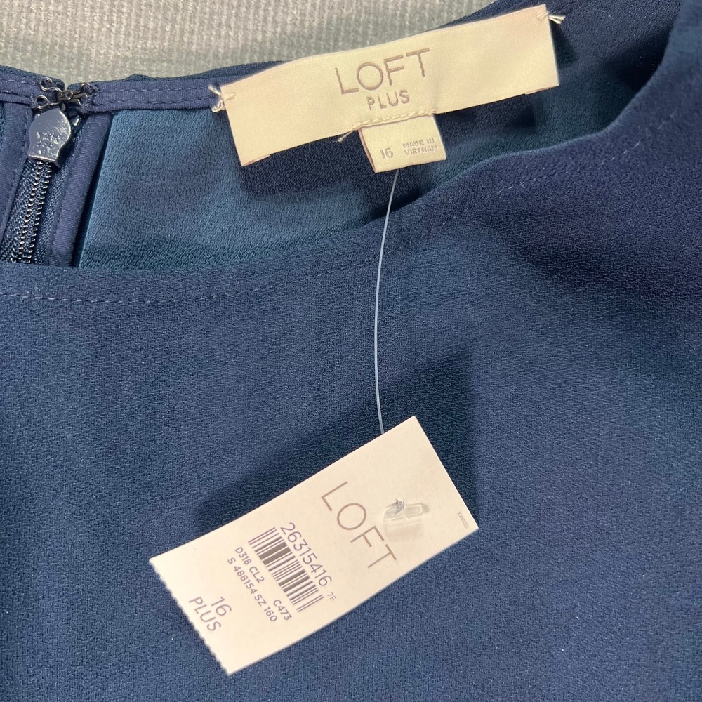 LOFT Dress Womens Plus Size 16 Navy Blue Long Sleeve Shift Elegant Modest NWT - Picture 2 of 7